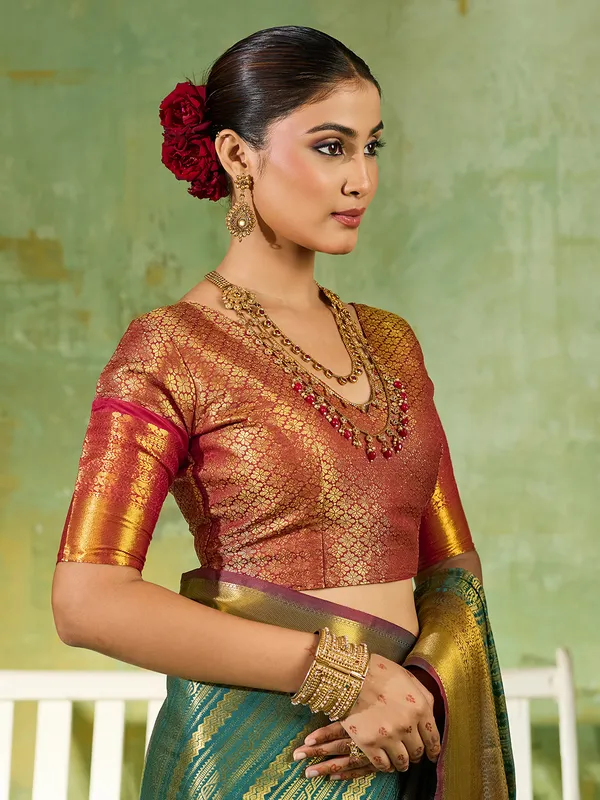 Teal_Green_Kanjivaram_Silk_Gold_Stripe_Saree_For_Women
