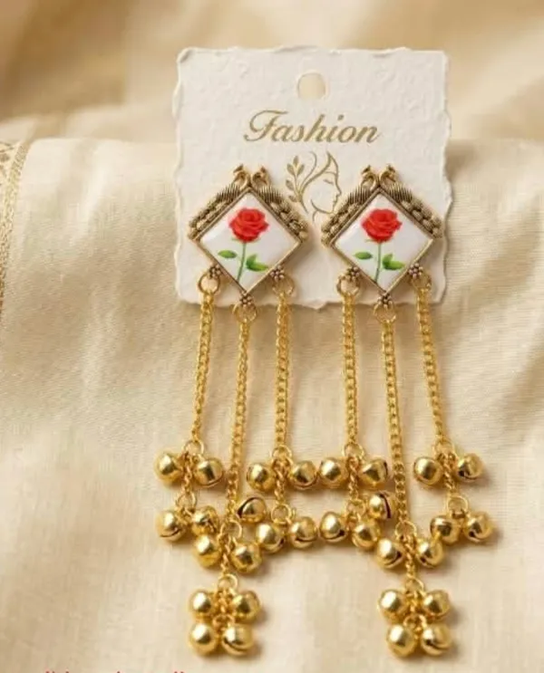 Gold_Tone_Rose_Motif_Long_Dangle_Earrings
