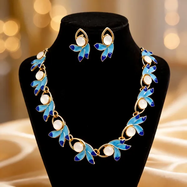 Blue_Gold_Tone_Floral_Necklace_And_Earrings_Set_For_Women