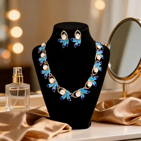 Blue_Gold_Tone_Floral_Necklace_And_Earrings_Set_For_Women
