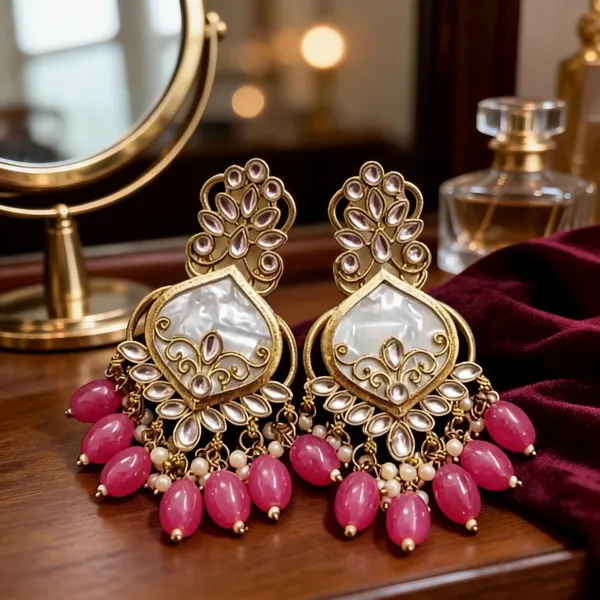 Gold_Tone_Pink_Bead_Chandelier_Earrings_For_Women