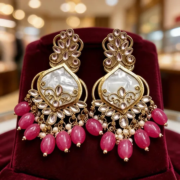 Gold_Tone_Pink_Bead_Chandelier_Earrings_For_Women