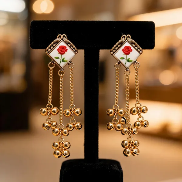 Gold_Tone_Rose_Motif_Long_Dangle_Earrings