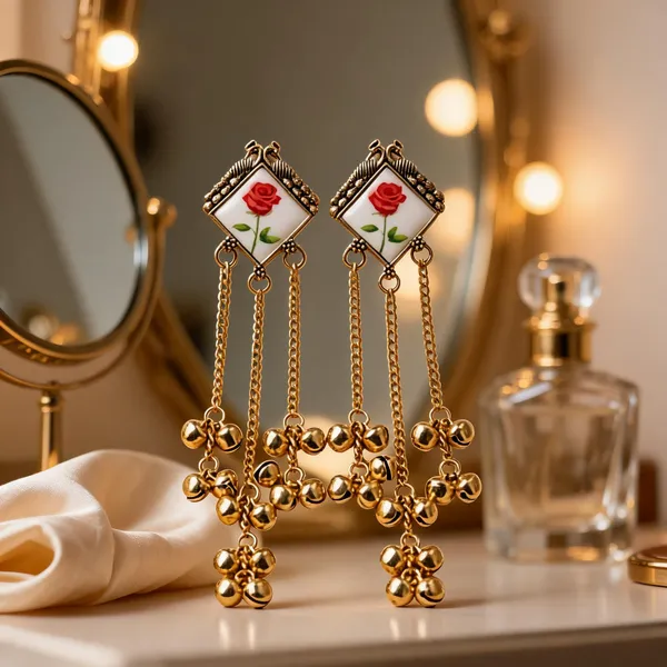 Gold_Tone_Rose_Motif_Long_Dangle_Earrings