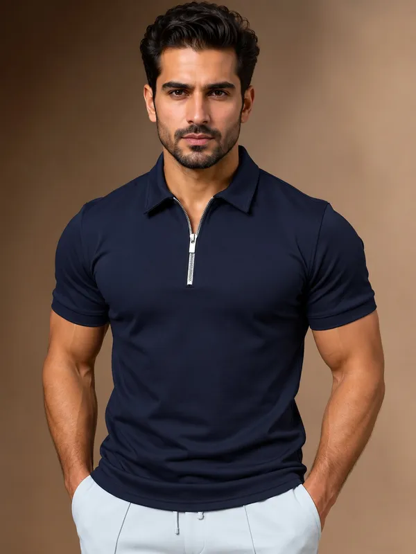 Navy_Blue_Cotton_Zipper_Polo_T_Shirt_For_Men