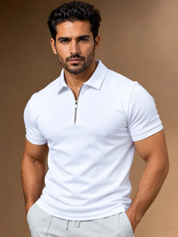 White_Cotton_Zipper_Polo_T_Shirt_For_Men_