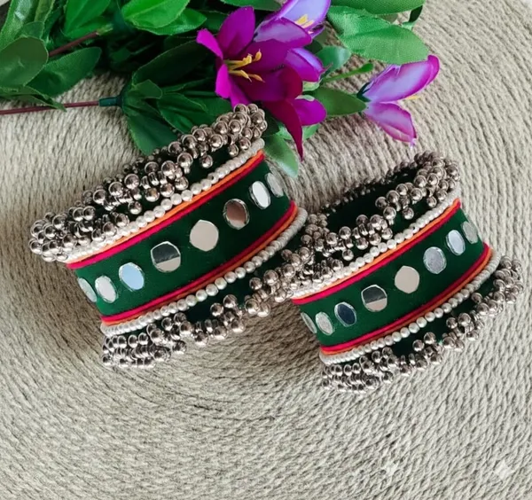 Navratri_Special_Traditional_Handcrafted_Green_Handcuff_Kada_with_Mirror_&_Cowrie_Shell_Work