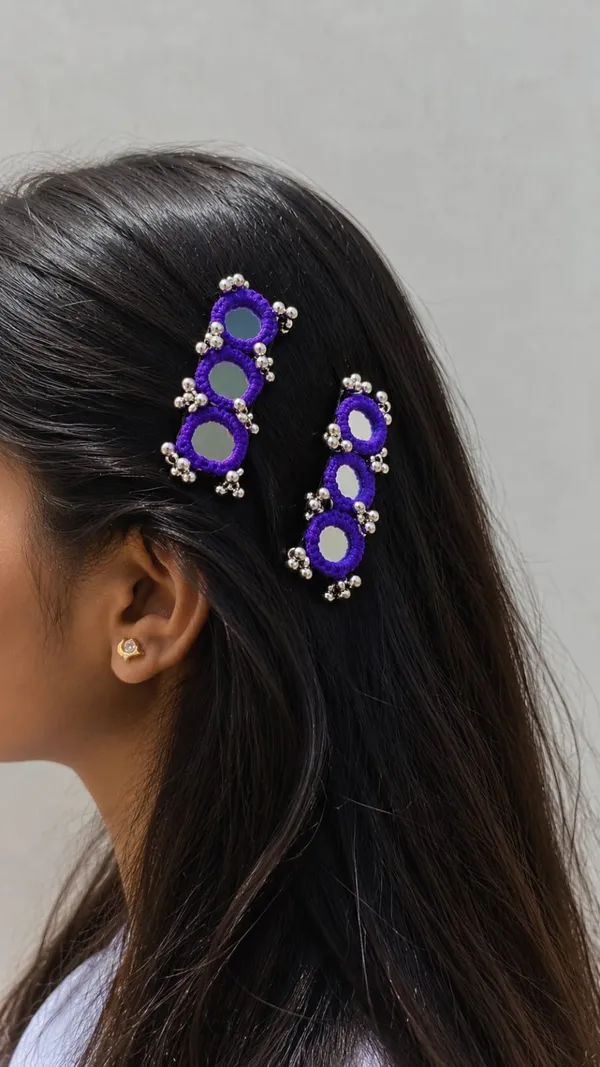 Handcrafted_Purple_Beaded_Hair_Pin_with_Mirror_&_Silver_Bead_Detailing