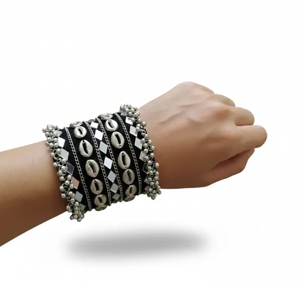Black_Navratri_Special_Traditional_Handcrafted__Handcuff_Kada_with_Mirror_&_Cowrie_Shell_Work
