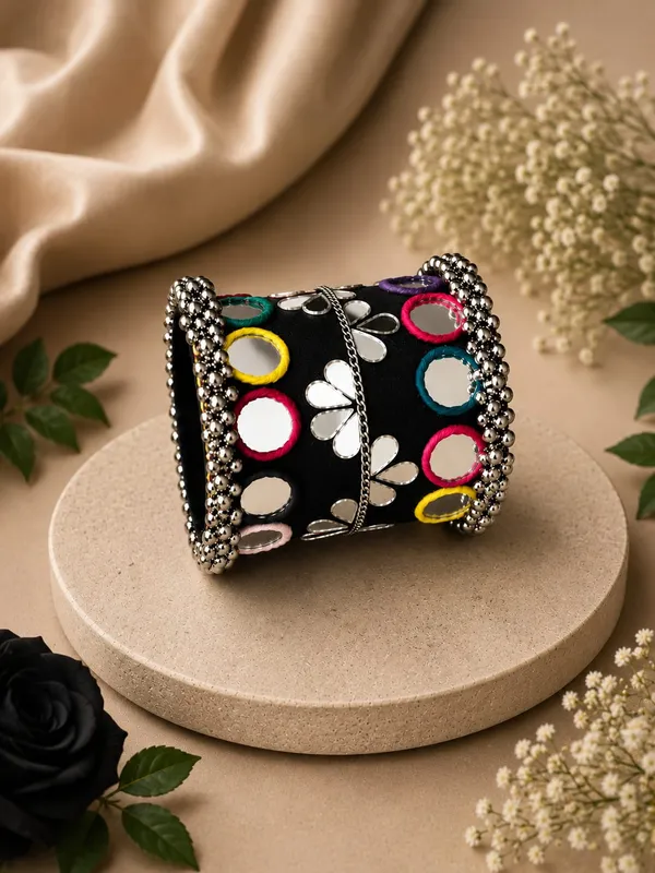 Navratri_Special_Traditional_Handcrafted_Handcuff_Kada_with_Mirror_&_Cowrie_Shell_Work