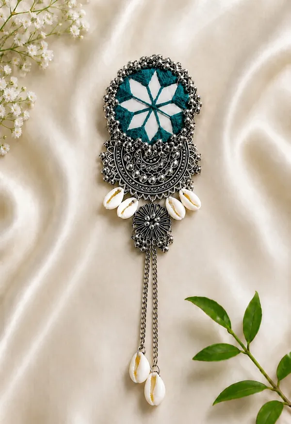 Handmade_Parrot_blueThread_Mirror_Work_Cowrie_Hair_Pin