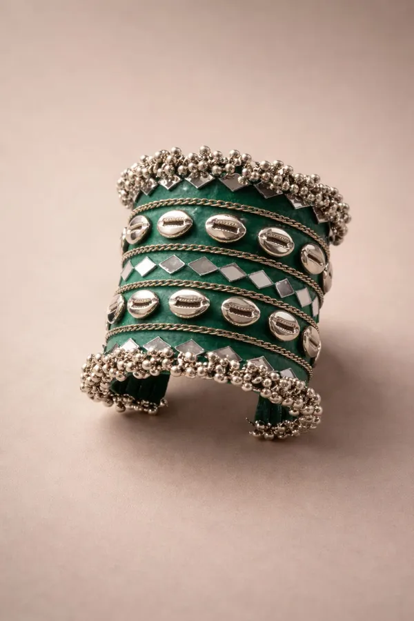Green_Navratri_Special_Traditional_Handcrafted__Handcuff_Kada_with_Mirror_&_Cowrie_Shell_Work
