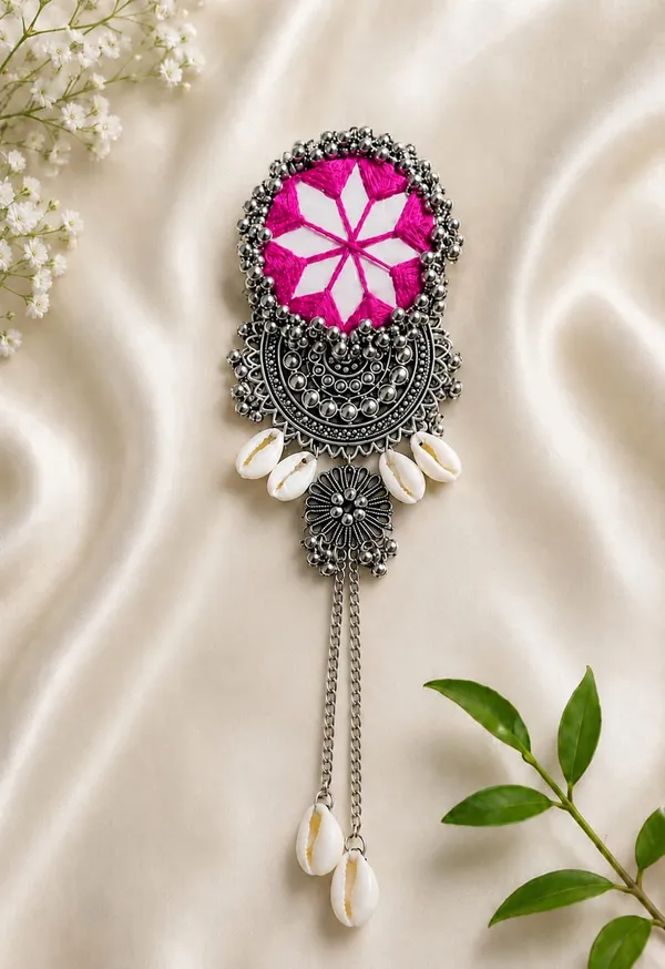 Handmade_Pink_Thread_Mirror_Work_Cowrie_Hair_Pin