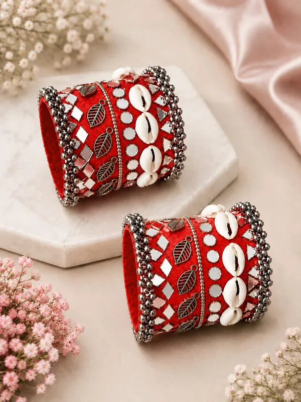 Navratri_Special_Traditional_Handcrafted_Red_Handcuff_Kada_with_Mirror_&_Cowrie_Shell_Work
