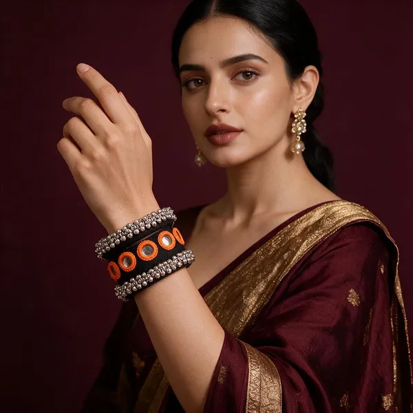 Black_Fabric_Wrapped_Orange_Embroidered_Mirror_Bangle_For_Women
