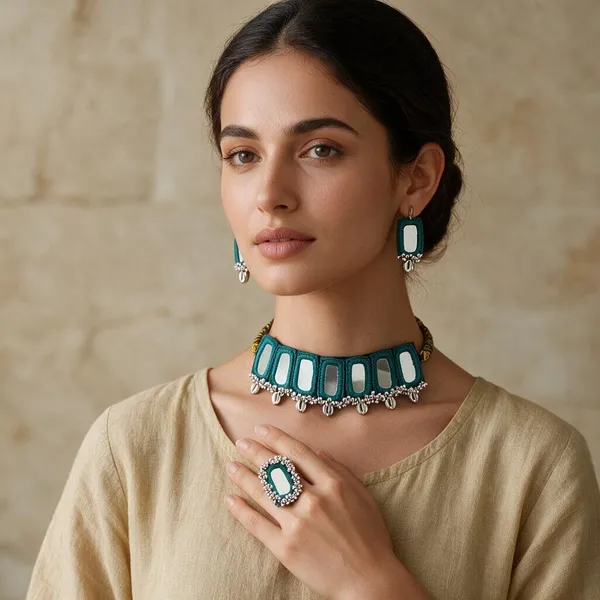 Handcrafted_Teal_Rectangle_Mirror_Choker_Necklace_Set_For_Women