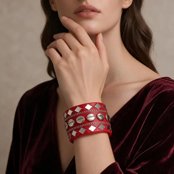 Navratri_Special_Traditional_Handcrafted_Red_Handcuff_Kada_With_Mirror_And_Cowrie_Shell_Work
