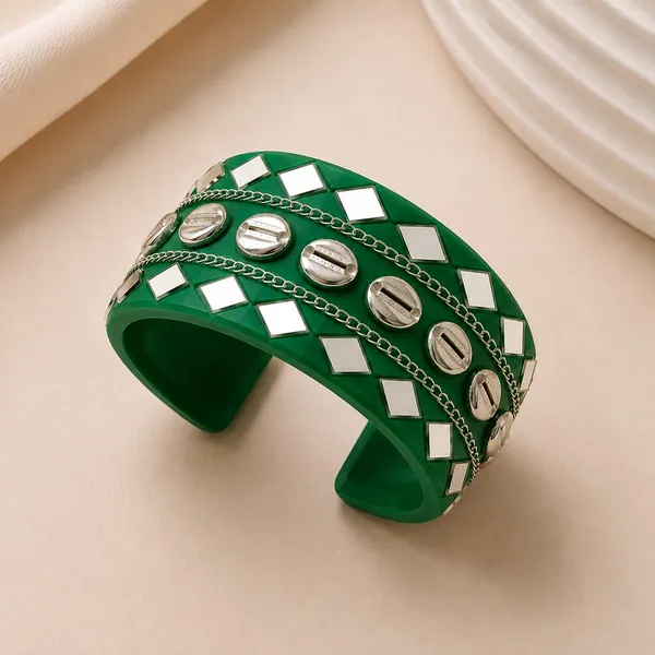 Navratri_Special_Traditional_Handcrafted_Green_Handcuff_Kada_with_Mirror_&_Cowrie_Shell_Work