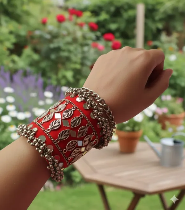 Red_Navratri_Special_Traditional_Handcrafted__Handcuff_Kada_with_Mirror_&_Cowrie_Shell_Work