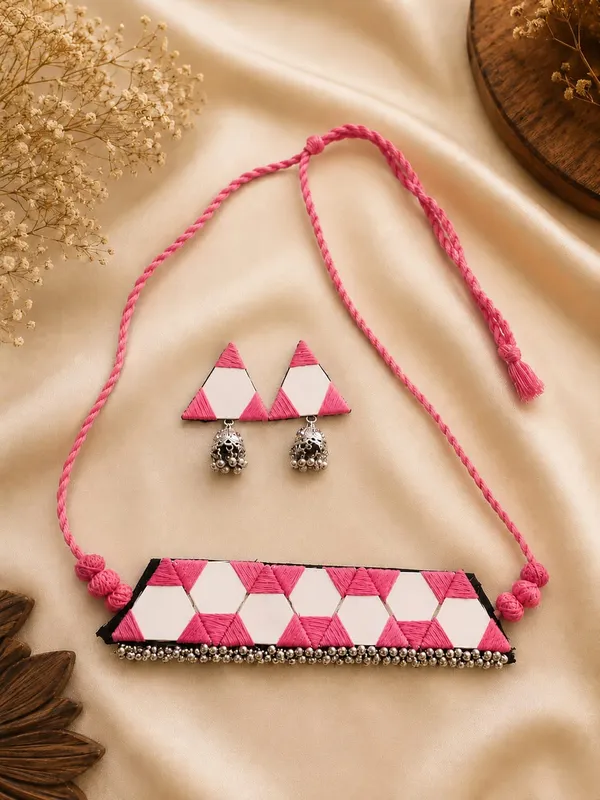 Pink_Triangle_Mirror_Thread_Chokar_Jewellery_Set_for_Women