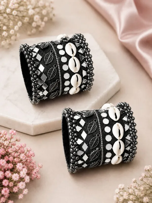 Navratri_Special_Traditional_Handcrafted_Black_Handcuff_Kada_with_Mirror_&_Cowrie_Shell_Work