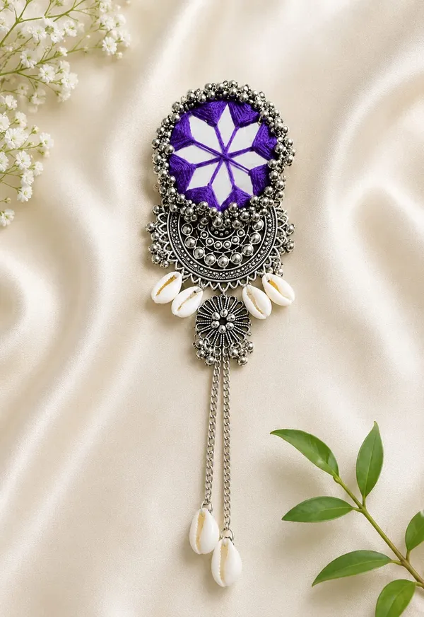 Handmade_Purple_Thread_Mirror_Work_Cowrie_Hair_Pin