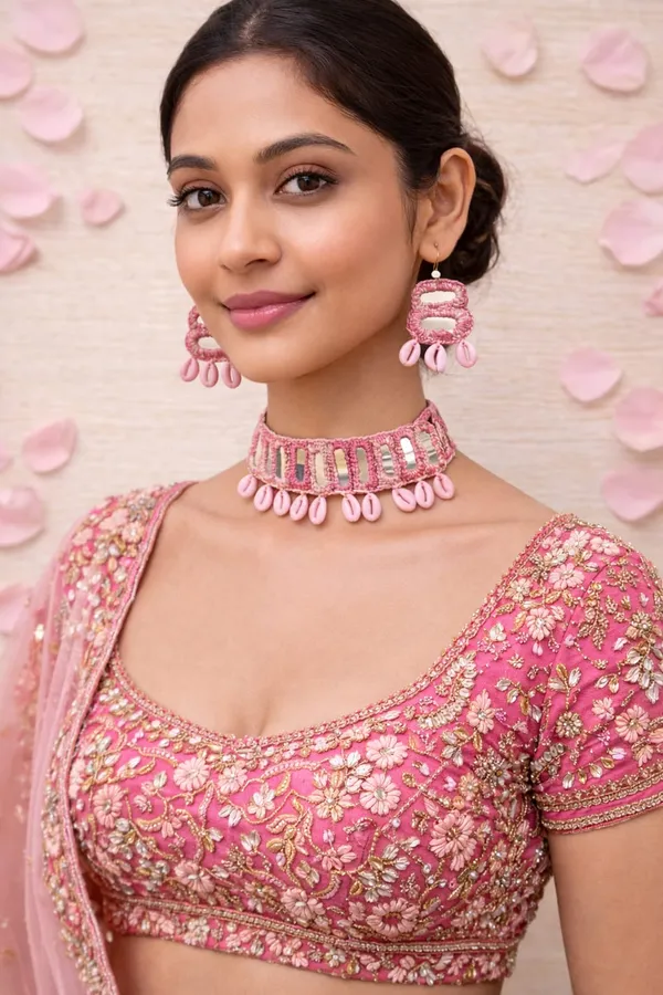 Pink_Thread_Shell_Choker_Jewellery_Set_For_Women