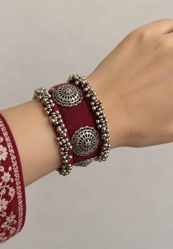 Maroon__Handcrafted_Silver_Beaded_Fabric_Wrapped_Traditional_Bangle__for_Women