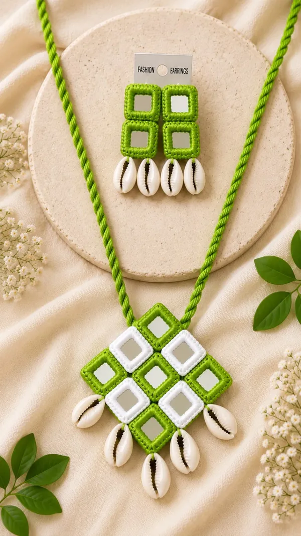 Green_Shell_Statement_Necklace_And_Earrings_Set_For_Women