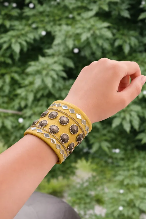 Yellow_Navratri_Special_Traditional_Handcrafted__Handcuff_Kada_with_Mirror_&_Cowrie_Shell_Work