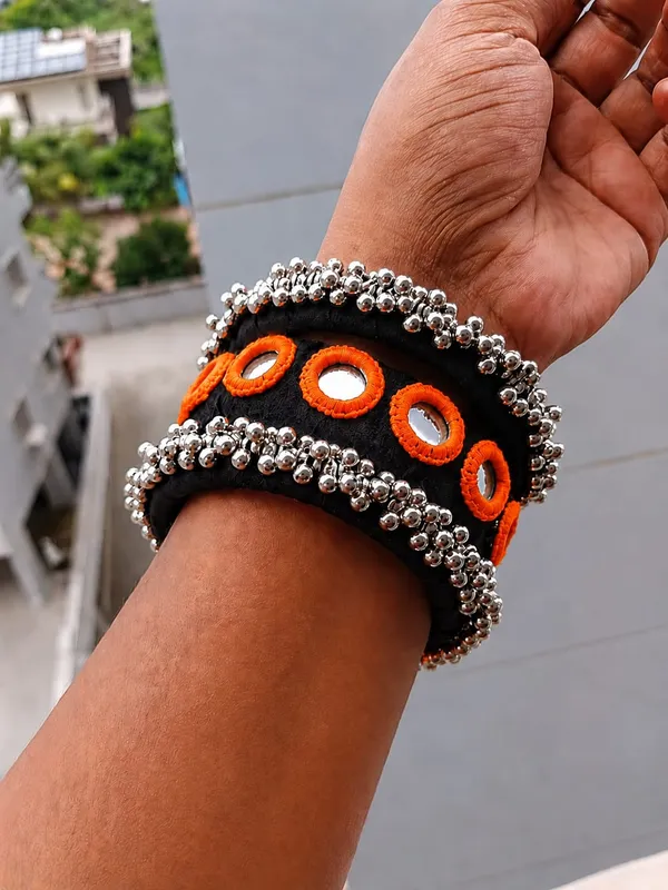 Black_Fabric_Wrapped__Orange_Embroidered_Mirror_Bangle__For_Women