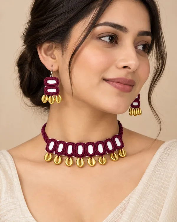 Maroon_Ractangle_Mirror_Threadwork_Choker_Jewellery_Set_for_Women