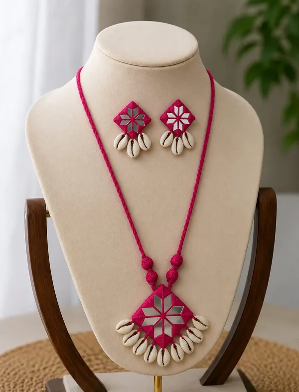 Pink_Geometric_Mirror_Shell_Necklace_And_Earring_Set_for_Women