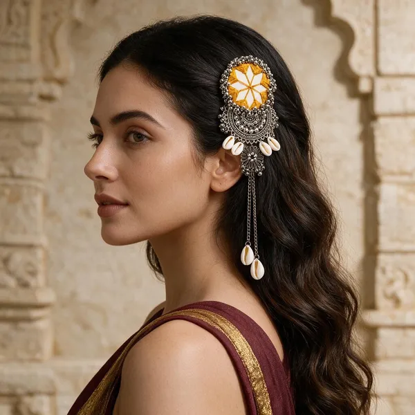 Handmade_Yellow_Thread_Mirror_Work_Cowrie_Hair_Pin