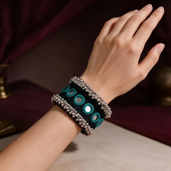 Black_Fabric_Wrapped_Teal_Embroidered_Mirror_Bangle_For_Women