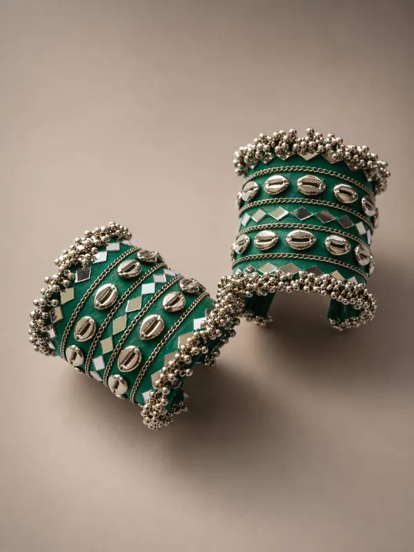 Green_Navratri_Special_Traditional_Handcrafted__Handcuff_Kada_with_Mirror_&_Cowrie_Shell_Work