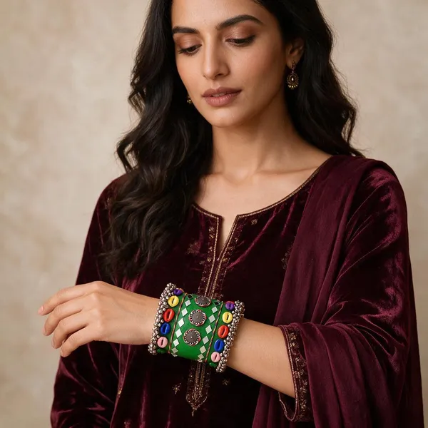 Navratri_Special_Traditional_Handcrafted_Handcuff_Kada_With_Mirror_And_Cowrie_Shell_Work