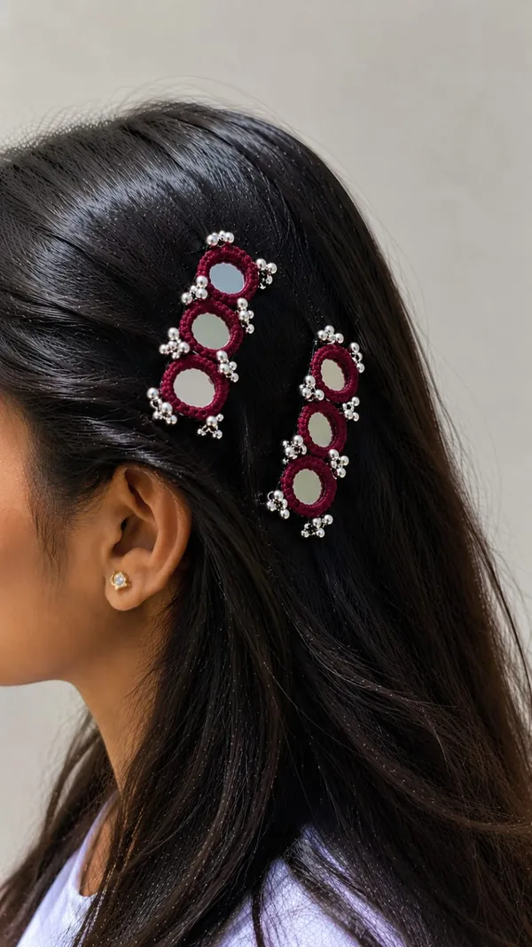 Handcrafted_Maroon_Beaded_Hair_Pin_with_Mirror_&_Silver_Bead_Detailing