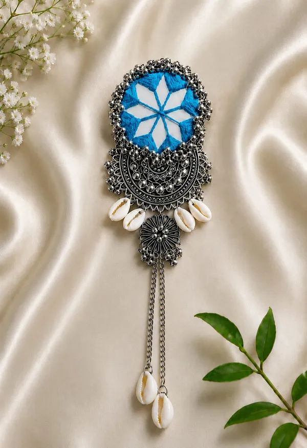 Handmade_Blue_Thread_Mirror_Work_Cowrie_Hair_Pin
