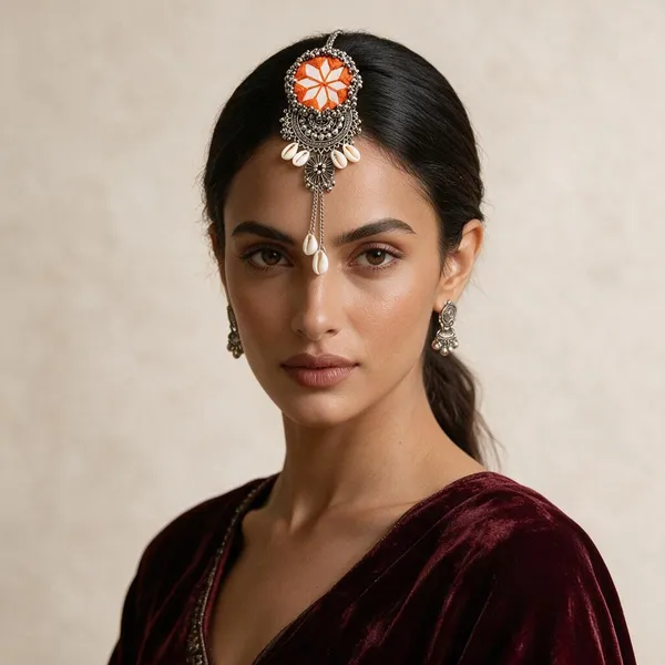 Handmade_Orange_Thread_Mirror_Work_Cowrie_Hair_Pin