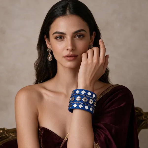 Navratri_Special_Traditional_Handcrafted_Blue_Handcuff_Kada_With_Mirror_And_Cowrie_Shell_Work