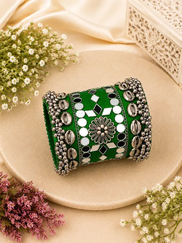 Navratri_Special_Traditional_Handcrafted__Green_Handcuff_Kada_with_Mirror_&_Cowrie_Shell_Work