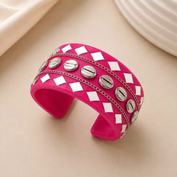 Navratri_Special_Traditional_Handcrafted_Pink_Handcuff_Kada_with_Mirror_&_Cowrie_Shell_Work