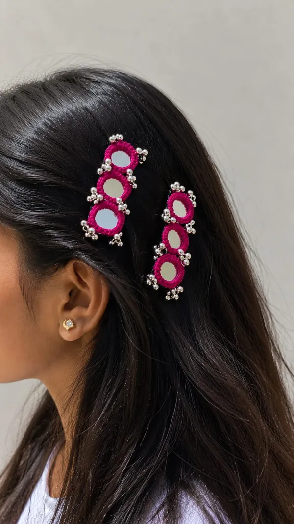 Handcrafted_Pink_Beaded_Hair_Pin_with_Mirror_&_Silver_Bead_Detailing