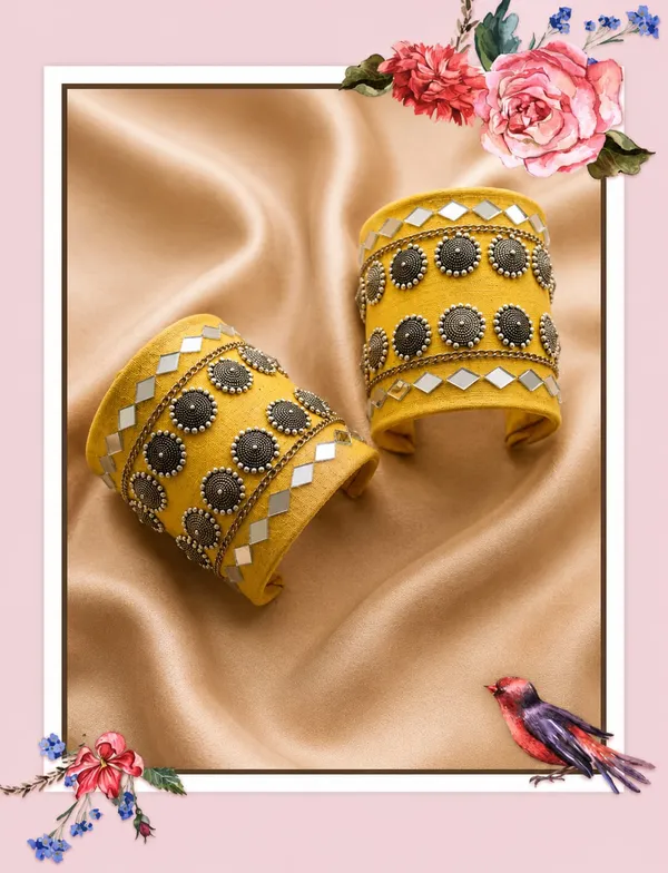 Yellow_Navratri_Special_Traditional_Handcrafted__Handcuff_Kada_with_Mirror_&_Cowrie_Shell_Work