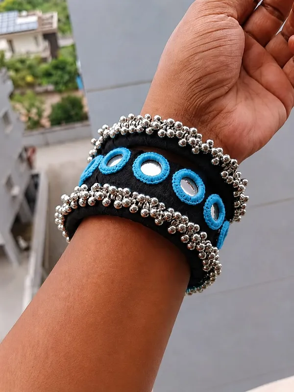 Black_Fabric_Wrapped_Skyblue_Embroidered_Mirror_Bangle__For_Women