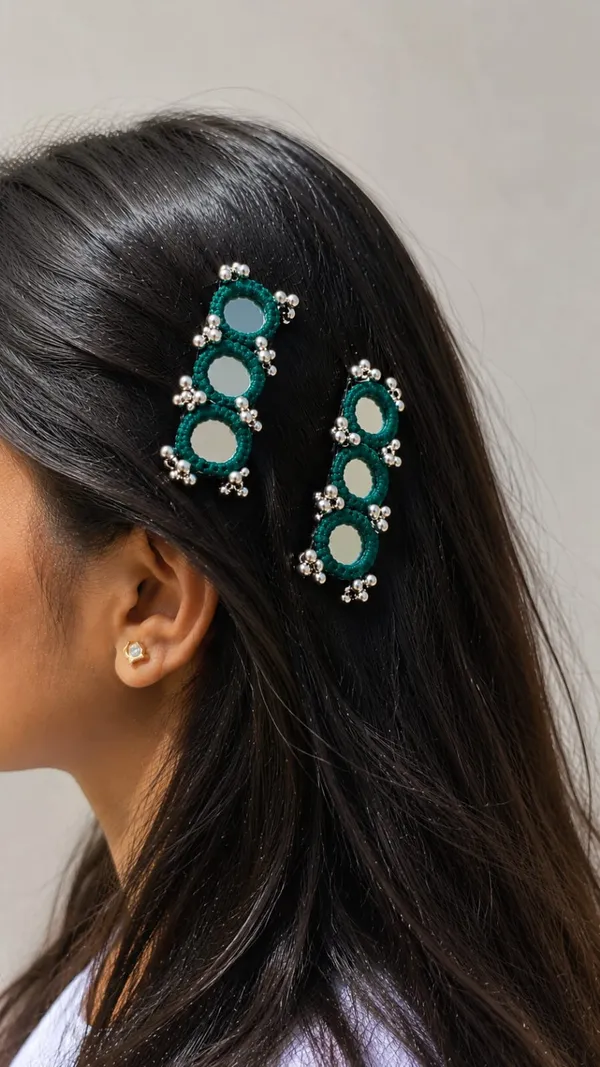 Handcrafted_Teal_Beaded_Hair_Pin_with_Mirror_&_Silver_Bead_Detailing