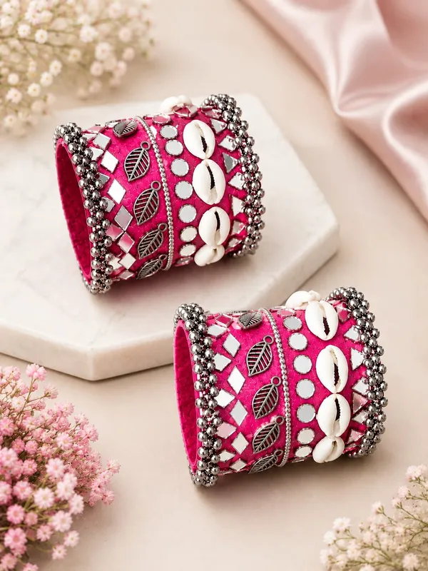 Navratri_Special_Traditional_Handcrafted_Pink_Handcuff_Kada_with_Mirror_&_Cowrie_Shell_Work