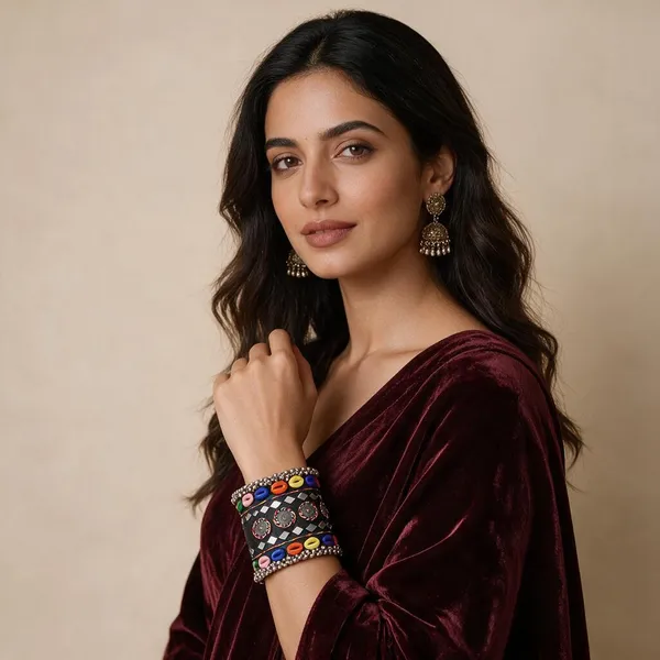 Navratri_Special_Traditional_Handcrafted_Handcuff_Kada_With_Mirror_And_Cowrie_Shell_Work