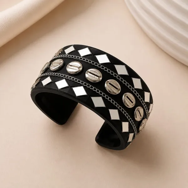 Navratri_Special_Traditional_Handcrafted_Black_Handcuff_Kada_with_Mirror_&_Cowrie_Shell_Work